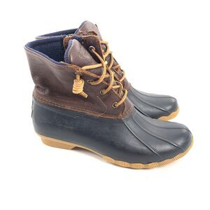 $120 Sperry Saltwater Leather Duck Boots Size 7.5 Womens Brown Blue Waterproof